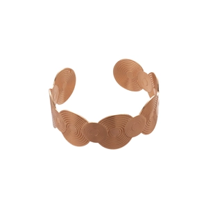 Modern geometric open bangle with rose gold concentric circles and spiral texture