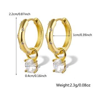 Detail view of S925 sterling silver hoop earrings with clear cubic zirconia drop charms