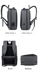 Detail view of TSA lock, USB port, and ergonomic back on grey business backpack