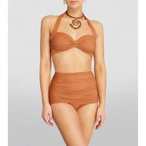 Maillot de bain bikini orange terre cuite avec haut dos nu et culotte taille haute froncée