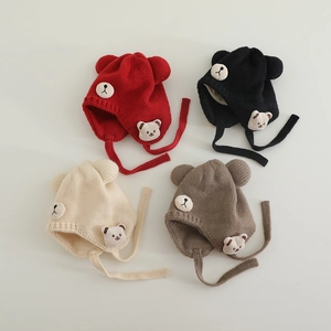 Weiche Kinder Baby Strickmütze Winter Warme Bärenohren Tieraufnäher Ohrenklappe Beanie Mit Bändern Für Jungen Mädchen