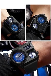 Macro detail of multi-timezone men's watch featuring a blue starry dial and black strap