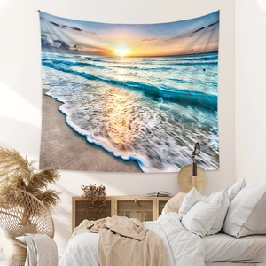Détail d'une tapisserie bohème avec scène de coucher de soleil sur la plage pour décor