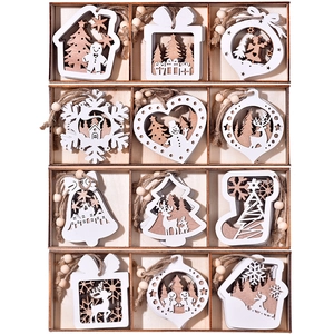 12-piece Christmas wooden pendant set with snowflake and reindeer laser-cut designs