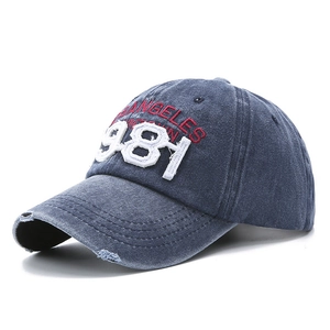 Vintage navy blue denim baseball cap with Los Angeles 1981 embroidery and distressed brim