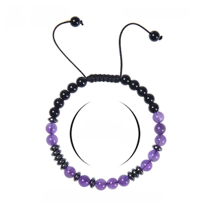 Morse code bracelet with 6mm amethyst and obsidian beads, adjustable 6.6-11.8 inch woven cord
