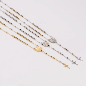 6mm stainless steel bead necklaces with religious round medal and cross pendants