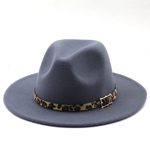 Detail of dark gray wool fedora featuring leopard print band and gold buckle