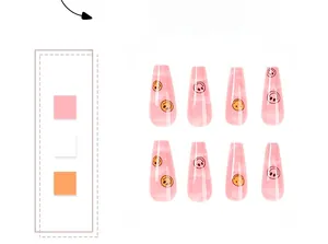 Macro detail of long pink coffin press-on nails with yellow smiley faces and clouds
