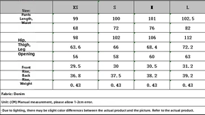 Tableau détaillé des tailles pour pantalons en denim avec mesures de taille en cm