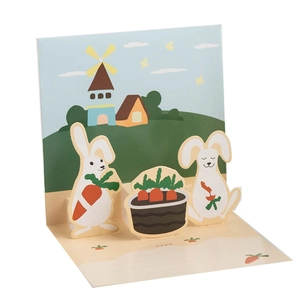 3D pop-up greeting card featuring cute rabbits and garden theme with writing space