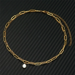 Double-layered gold stainless steel necklace featuring elegant Baroque freshwater pearl pendant