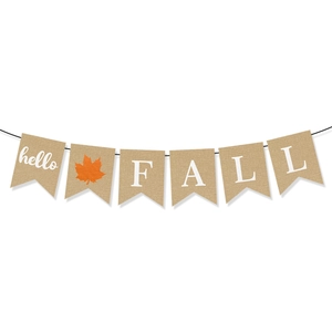 Hello Fall burlap banner with orange maple leaf for Thanksgiving autumn decoration