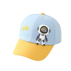 Blue and yellow kids baseball cap with a 3D astronaut and Future Partner embroidery