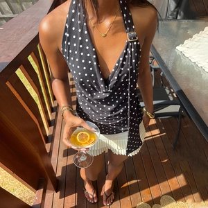 Top Halter À Pois Femmes Sexy Col Bénitier Dos Nu Slim Fit Débardeur Boucle Métallique Polyester Sans Manches