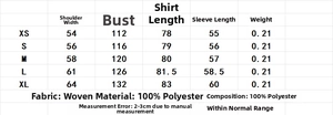 Size chart for solid color V-neck button shirt showing measurements from XS to XL