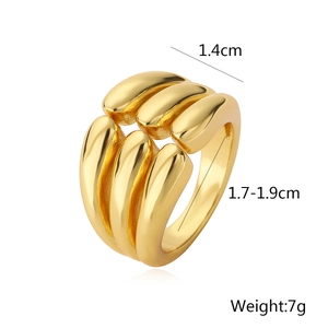 Detail view of gold-plated chunky wavy ring with dimensions 1.4cm width and 7g weight
