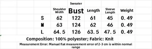 Detailed size chart for knit sweater and midi skirt set including measurements in centimeters