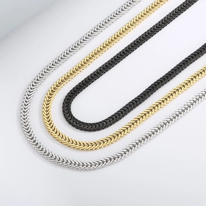 Hip hop stainless steel wheat chain necklaces in silver, gold, and black finishes