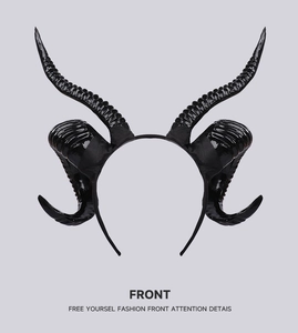 Detailed view of black devil ram horns headband with realistic spiral texture for cosplay