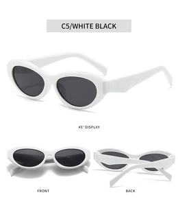 Multi-angle details of retro white oval sunglasses with black lenses and thick frames