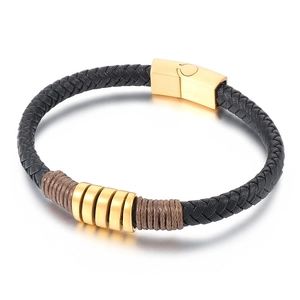 Men's braided leather bracelet with gold stainless steel rings and magnetic clasp