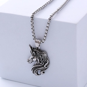 Gothic retro unicorn head pendant necklace in vintage silver finish with long box chain