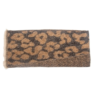Detailed view of leopard print scarf fabric with jacquard texture and tassel hem