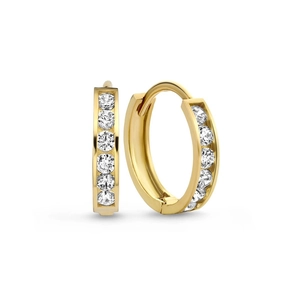Detailed view of gold S925 sterling silver huggie earrings with channel-set cubic zirconia