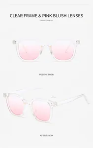 Front and side view of square sunglasses with transparent frames and pink gradient lenses