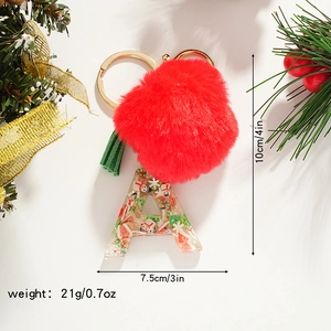 Christmas letter A keychain with red pompom green tassel and festive snowman resin charm