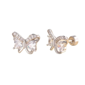 Silver butterfly screw back earrings with heart-shaped zircon stones and micro-inlay detail