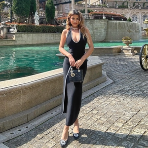 Robe Maxi Dos Nu Femme Fente Latérale Ajustée Polyester Contraste Bordure Künstliche Perles Sexy Soirée Élégante Été