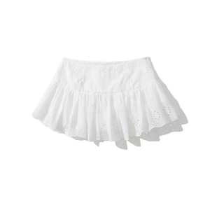 Close-up of white lace mini skirt with intricate eyelet embroidery and hollow details