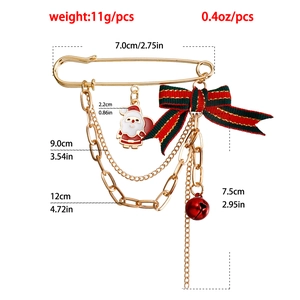 Detailed dimensions of Santa Claus brooch with red bow and gold bell pendant
