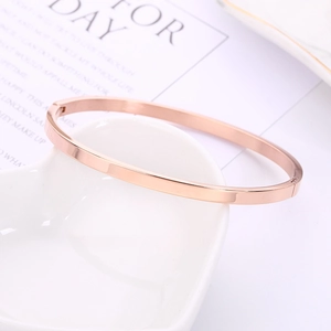 Minimalist 18K rose gold stainless steel bangle with polished finish on a white plate