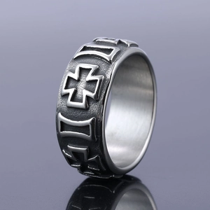 Cross Ring Vintage Gothic Punk Style Stainless Steel Embossed Pattern Band Statement Jewelry Accessories For Men