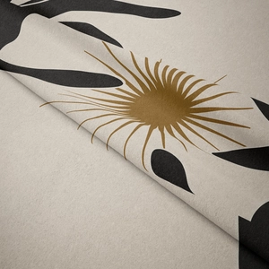 Tapisserie boho minimaliste avec motifs de feuilles et soleil sur tissu avoine