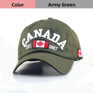 Detailed embroidery of Canada maple leaf and EST. 1867 text on army green cotton baseball cap