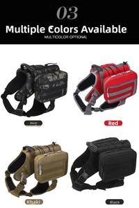 Tactical pet harness backpack for dogs in black camo, red, khaki, and black options