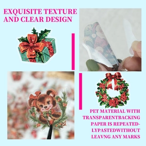Detail of PET Christmas stickers showing transparent backing and residue-free application