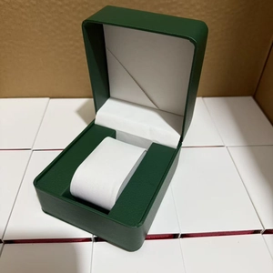 Premium dark green PU leather watch box with white velvet interior cushion and flip lid