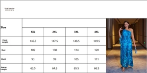 Size chart for plus size floral maxi dress featuring 1XL to 4XL measurements and guide