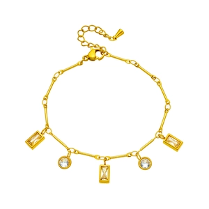 Elegant gold titanium chain bracelet featuring round and rectangular zircon pendants