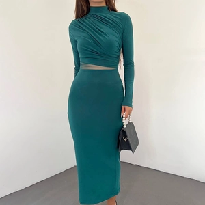 Robe Maxi Manches Longues Col Montant Patchwork Mesh Plissée Coupe Ajustée Sexy Fête Moulante Femmes ZX24300