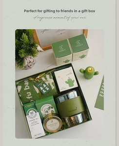 Détail d'un coffret cadeau vert forêt avec une bougie parfumée cactus et accessoires
