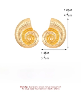 Detailed size and weight specs for vintage gold alloy conch-shaped spiral earrings