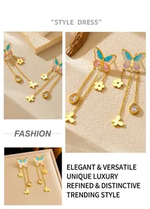 Detailed close-up of gold butterfly tassel earrings with enamel wings and zircon drops