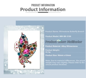 Detailed size chart for the colorful luxury rhinestone butterfly brooch in alloy metal