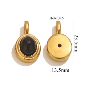 Detail view of 23.5mm oval black stone pendant with dimensions and gold-plated finish
